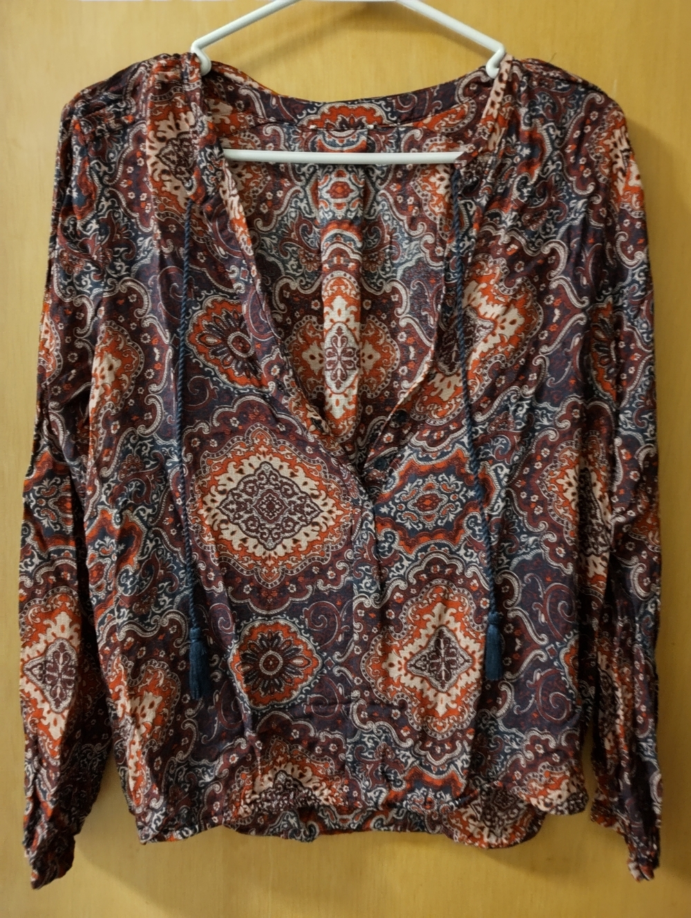 Women’s Boho Paisley V-Neck Long Sleeve Top - Red Multi
